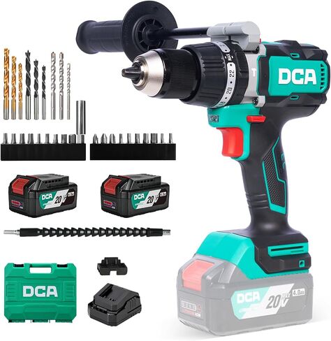 DCA 20V Brushless Hammer Drill, 1062 in.lbs Torque Impact Drill, 1/2" Keyless All-Metal Chuck, 24+1+1 Clutch, 32000 IPM, Heavy-duty Cordless Drill Kit with 2x4.0Ah Battery for Brick Wall, Metal, Wood in Kuwait
