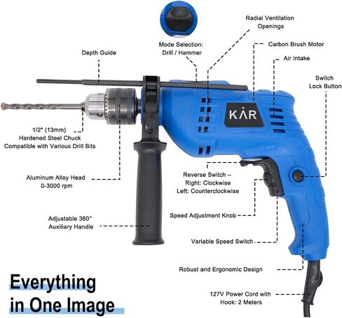 550W Corded Hammer Drill & Impact Drill, 1/2" (13mm) Keyed Chuck, 0-3000 RPM Variable Speed, 2-in-1 Drill & Impact Mode, Ideal for Wood, Metal, Tile, Brick, and Concrete in Kuwait