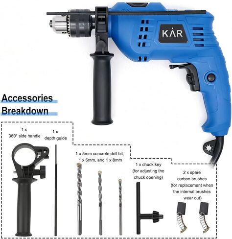 550W Corded Hammer Drill & Impact Drill, 1/2" (13mm) Keyed Chuck, 0-3000 RPM Variable Speed, 2-in-1 Drill & Impact Mode, Ideal for Wood, Metal, Tile, Brick, and Concrete in Kuwait
