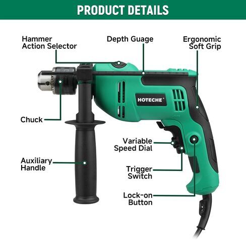 Hoteche 550W 13MM Corded Hammer Drill, 0-3000rpm/0-48000bpm, Copper Motor, Multi-Material Drilling for Concrete/Metal/Wood with Accessories in Kuwait