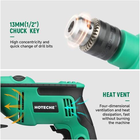 Hoteche 550W 13MM Corded Hammer Drill, 0-3000rpm/0-48000bpm, Copper Motor, Multi-Material Drilling for Concrete/Metal/Wood with Accessories in Kuwait