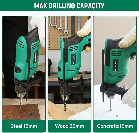 Hoteche 550W 13MM Corded Hammer Drill, 0-3000rpm/0-48000bpm, Copper Motor, Multi-Material Drilling for Concrete/Metal/Wood with Accessories in Kuwait