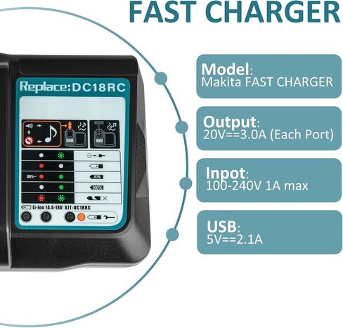 DC18RC 18 Volt 3.0A Rapid Li-ion Charger Replacement Compatible with Makita 18V Battery Charger DC18RD DC18RA DC18SD DC18SE and 18V Lithium-Ion Battery BL1430 BL1815 BL1830 BL1840 BL1850 in Kuwait