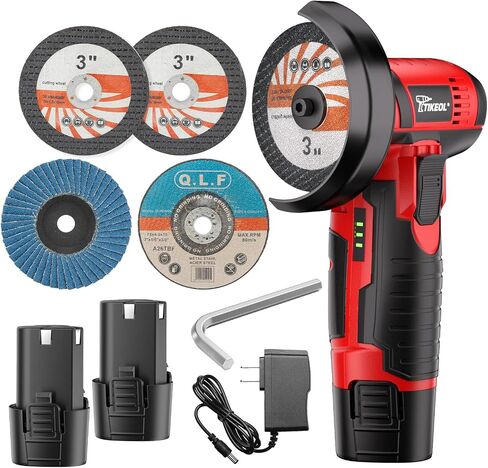 12V Cordless Angle Grinder, 3-Inch Mini Angle Grinder with 19500RPM Pure Copper Motor, 2 x 2000mAh Batteries & Grinding Discs, Lightweight Cutting Tool for Metal & Wood (RED) in Kuwait