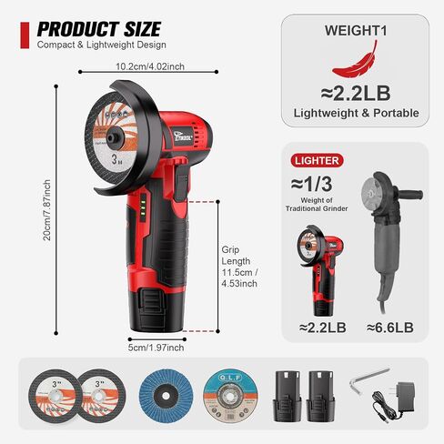 12V Cordless Angle Grinder, 3-Inch Mini Angle Grinder with 19500RPM Pure Copper Motor, 2 x 2000mAh Batteries & Grinding Discs, Lightweight Cutting Tool for Metal & Wood (RED) in Kuwait