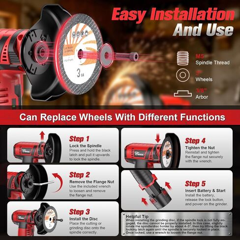 12V Cordless Angle Grinder, 3-Inch Mini Angle Grinder with 19500RPM Pure Copper Motor, 2 x 2000mAh Batteries & Grinding Discs, Lightweight Cutting Tool for Metal & Wood (RED) in Kuwait