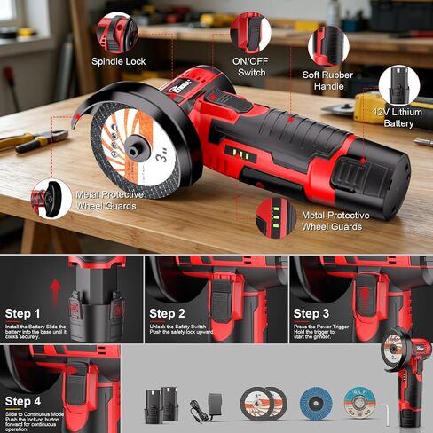 12V Cordless Angle Grinder, 3-Inch Mini Angle Grinder with 19500RPM Pure Copper Motor, 2 x 2000mAh Batteries & Grinding Discs, Lightweight Cutting Tool for Metal & Wood (RED) in Kuwait