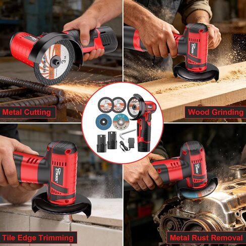 12V Cordless Angle Grinder, 3-Inch Mini Angle Grinder with 19500RPM Pure Copper Motor, 2 x 2000mAh Batteries & Grinding Discs, Lightweight Cutting Tool for Metal & Wood (RED) in Kuwait