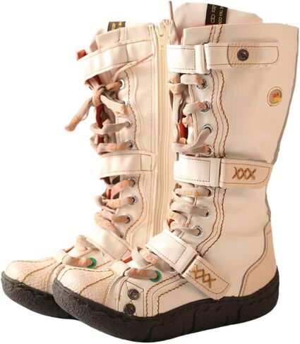 TMA EYES Women Vintage Distressed Mid Calf Combat Boots, Side Zipper Lace Up Buckle Platform Tall Booties with Soft PU Lining for Outdoor Daily Wear in Kuwait