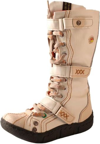 TMA EYES Women Vintage Distressed Mid Calf Combat Boots, Side Zipper Lace Up Buckle Platform Tall Booties with Soft PU Lining for Outdoor Daily Wear in Kuwait