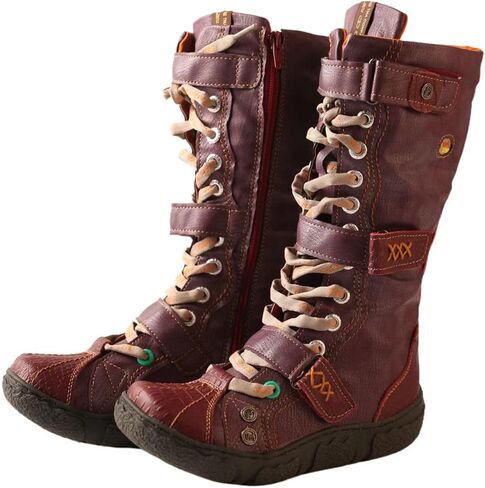 TMA EYES Women Vintage Distressed Mid Calf Combat Boots, Side Zipper Lace Up Buckle Platform Tall Booties with Soft PU Lining for Outdoor Daily Wear in Kuwait
