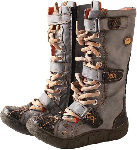TMA EYES Women Vintage Distressed Mid Calf Combat Boots, Side Zipper Lace Up Buckle Platform Tall Booties with Soft PU Lining for Outdoor Daily Wear in Kuwait