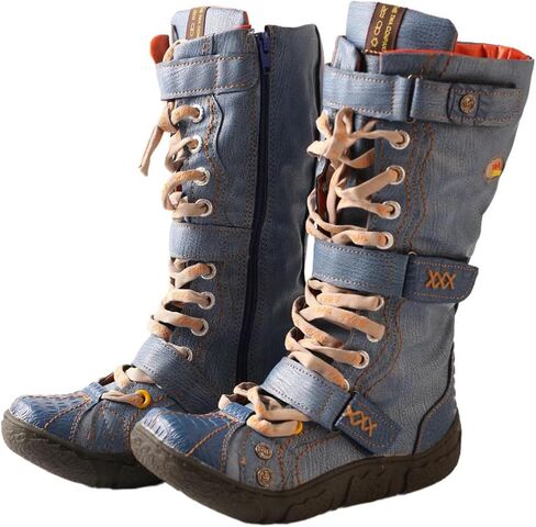 TMA EYES Women Vintage Distressed Mid Calf Combat Boots, Side Zipper Lace Up Buckle Platform Tall Booties with Soft PU Lining for Outdoor Daily Wear in Kuwait