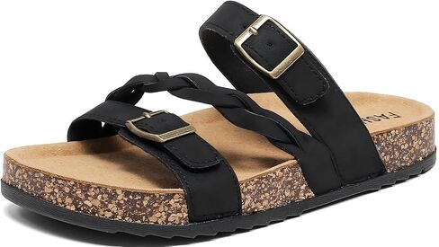 Women's Cork Footbed Sandals with Arch Support Comfortable Adjustable Straps Braided Sandal with Double Buckles, Non-Slip Walking Slide Sandals Slip-On Summer Shoes Beach Slides Footwear in Kuwait