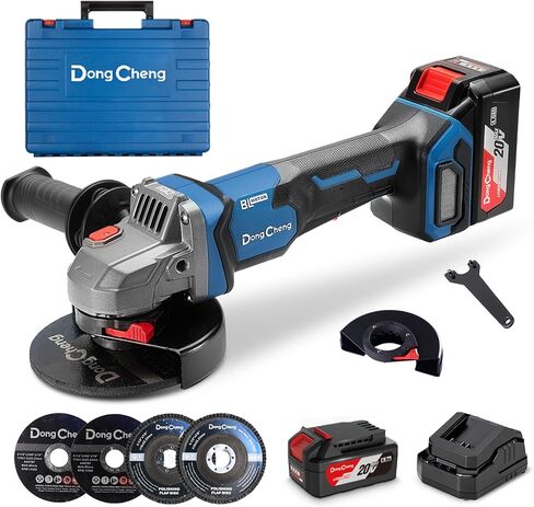 Dong Cheng Cordless Angle Grinder 20V 4-1/2 inch, 9000RPM with Paddle Switch, Cut Off Tool, DSC Protection for Cutting, Grinding, Polishing, Included 6 Discs & 4.0Ah Battery Kit (2x Battery Set) in Kuwait