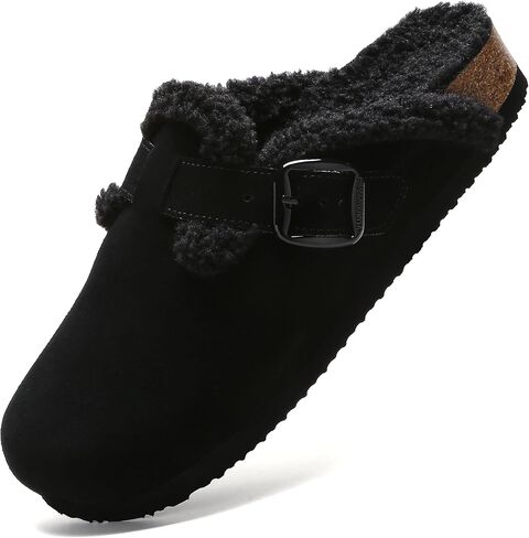 Women Suede Shearling Clogs Slip On Buckle Mule Arch Support，Backless | Cork Footbed, EVA wave-pattern Non Slip Outsole, Adjustable Buckle, All Day Comfort, Indoor Outdoor Walking in Kuwait