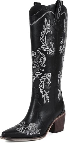 Cowboy Boots for Women Knee High Cowgirl Boots Pointed Toe Chunky Heel Country Western Boots Wide Calf Cowgirl Boots in Kuwait