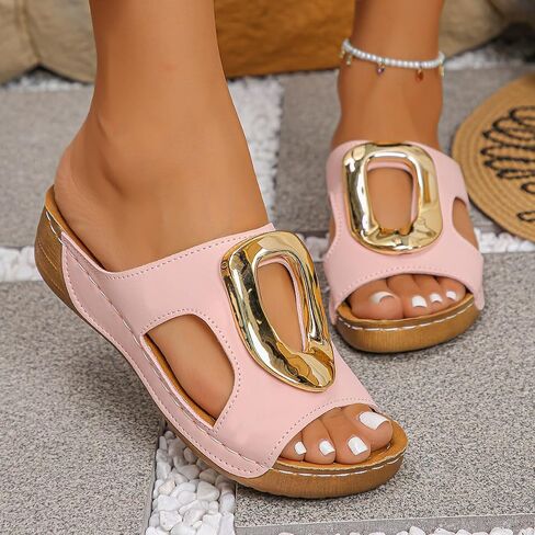 Women's Slide Sandals Platform Wedge Open Toe Summer Shoes Gold Buckle Elegant Slip-on Beach Slippers White in Kuwait