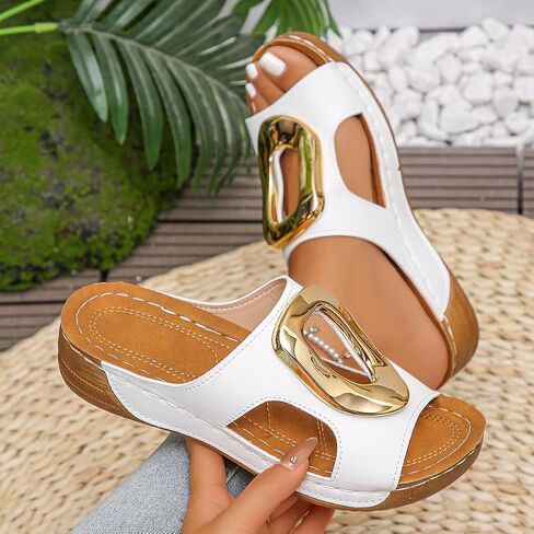 Women's Slide Sandals Platform Wedge Open Toe Summer Shoes Gold Buckle Elegant Slip-on Beach Slippers White in Kuwait