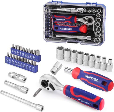 WORKPRO 42 PCS 1/4" Drive Mini Socket Ratchet Wrench Set | Dual Socket & Bit Head Ratchet, Metric Sockets 4-13mm, Quick-Release Bit Holder, Storage Case in Kuwait