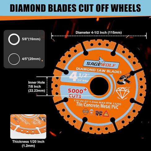 SAGEWOLF 4 1/2 Inch Grinder Diamond Cut Off Wheels Metal Cutting Blade for 7/8 Inch Arbor Angle Grinder Cutting Disc Diamond Grinder Blades on Rebar, Stainless Steel, PVC, Tile, Wood, Iron, 3Pack in Kuwait