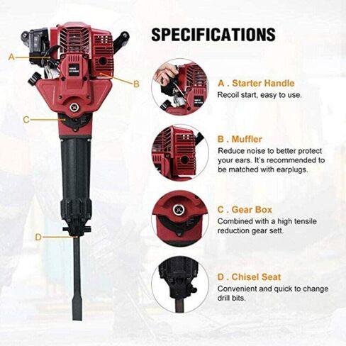 Gas Jack Hammer 2 Stroke Petrol Demolition Hammer 52cc Gasoline Concrete Breaker One Man Earth Drill with Point and Flat Chisel, Punch Single Cylinder, Air Cooling in Kuwait