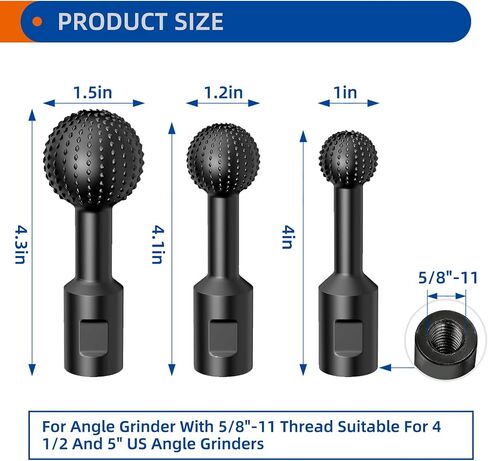 3Pcs Sphere Rotary Burr Set, 5/8-11 Thread Grinder Attachment | 3Pcs Sphere Rotary Burr Set, 5/8-11 Thread Ball Gouge Grinder Attachment for 4-1/2" & 5" Angle Grinder, Wood Carving Tools. in Kuwait