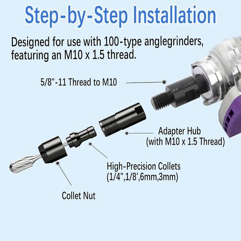 Conversion Angle Grinder Adapter M10-1.5 Thread (2-Pack) | 1/4"(6mm) & 1/8"(3mm) Collet Chucks, Angle to Die Grinder Metal Kit, Rotary sanding discs, Wood Carving, Metal Polishing ﻿ in Kuwait