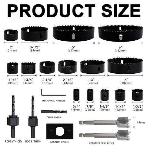 22PCS Hole Saw Set - High Carbon Steel 19-152mm（3/4" to 6"） Blades for Drywall, Soft Wood, Plastic, PVC Professional Grade with Instant Support in Kuwait