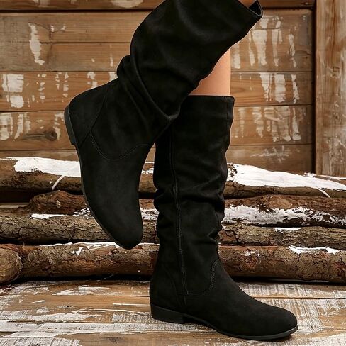 Women Suede Flat Knee High Boots Side Zipper Ruched Slouch Comfort Non Slip Casual Fall Winter Tall Booties Black Pink Beige Red Brown in Kuwait