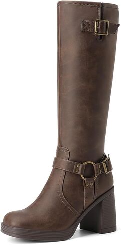DREAM PAIRS Women's Knee High Block Heel Biker Boots | 3.56" Chunky Heel with Platform, Buckles Moto Biker Style, Square Toe, 5mm PU Foam,Zipper,Easy Pull-on,Non-slip TPR Outsole in Kuwait