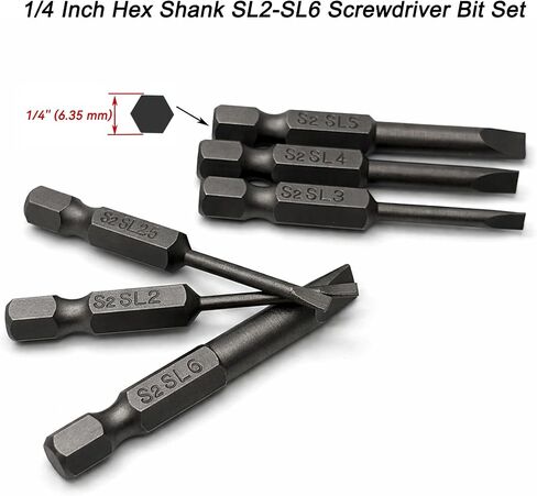 6PCS Magnetic Slotted Screwdriver Bits Set SL2 SL2.5 SL3 SL4 SL5 SL6, 1/4 Inch Hex Shank Flat Head Drill Bits, 2 Inch (50mm) S2 Steel for Repair & DIY Use in Kuwait