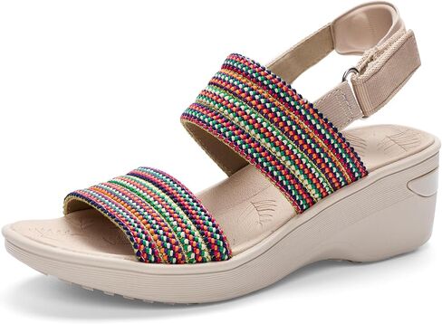 Womens Comfort Wedge Walking Sandals & Ankle Strap | 2" Low Wedges, Boho Woven Upper, Arch Support Pads, Soft Cushion footbed, Wide Width, Summer Casual Travel Vacation Everyday in Kuwait