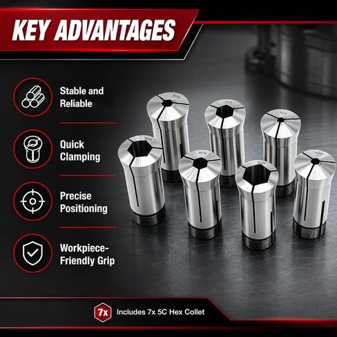 Nakkaa 7Pcs 5C Hex Collet Set 1/4"-7/8" Compatible With CNC Lathe Mill | High precision, Quick clamping, Precise positioning in Kuwait