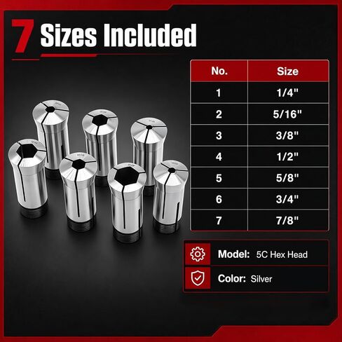 Nakkaa 7Pcs 5C Hex Collet Set 1/4"-7/8" Compatible With CNC Lathe Mill | High precision, Quick clamping, Precise positioning in Kuwait