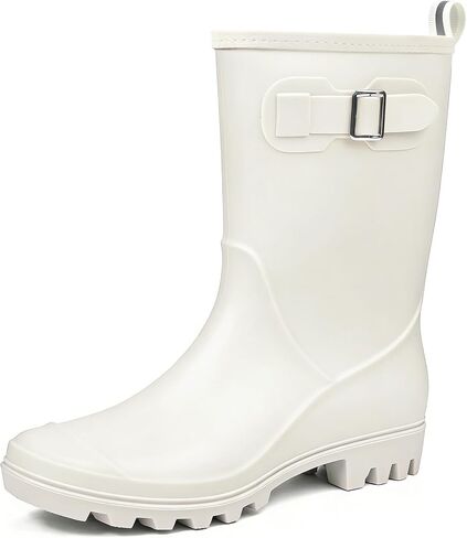 Women's Wide Mid Calf Rain Boots Waterproof Garden Boots with Buckle | Seamless PVC shell, cushioned removable insole, and deep-tread grip for wet grass, mud, errands, and dog walks in Kuwait