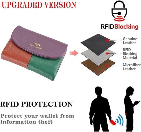 Royal Bagger Color Block RFID Short Wallets Genuine Leather Multi-card Slots Card Holder Trifold Purse Magnetic Opening 2053 (Purple) in Saudi Arabia