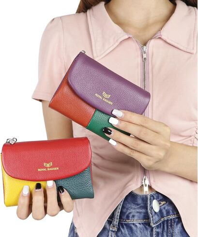 Royal Bagger Color Block RFID Short Wallets Genuine Leather Multi-card Slots Card Holder Trifold Purse Magnetic Opening 2053 (Purple) in Saudi Arabia