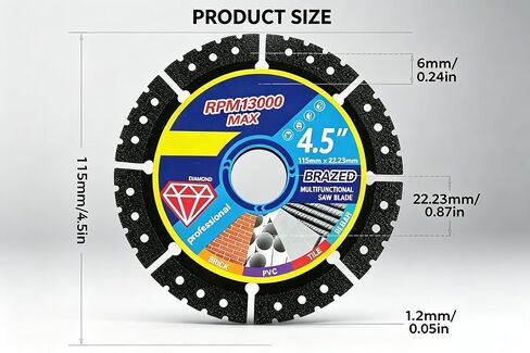 5 Pack 4.5" Brazed Multifunctional Diamond Saw Blade, Multipurpose Cutting Disc for Angle Grinder, Wet/Dry Use Blade for Tile, Marble, Stone, Metal & Plastic with Adaptor Washers in Saudi Arabia