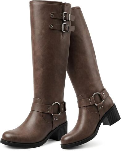 Brown Knee High Boots for Women, Square Toe Faux Leather Biker Boots | Adjustable buckle straps, 2.24-inch chunky heel, pull-on entry, textured outsole, commuting, shopping and nights out in Kuwait