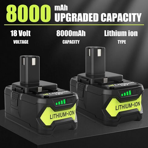 2 Packs 8Ah Replacement for Ryobi 18V Battery and P117 Charger(Green) | Compatible with Ryobi 18 Volt Batteries P108 P189 P190 P109 P107 P105 P104 P103 P102 P122 in Kuwait