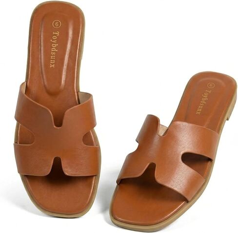Women's Flat Sandals, Comfortable Open Toe Beach Sandals for Vacation | Comfortable Cushioned Footbed, Non-Slip Outsole, Slip On Style, Flat Sandals for Summer Walking Everyday Wear in Kuwait