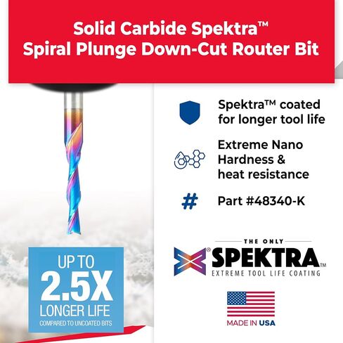 Amana Tool Solid Carbide Spektra Extreme Tool Life Spiral Plunge Router Bit Down-Cut, 48340-K, 3/16 Dia x 1 CH x 1/4 SHK 3 Inch Long in Kuwait