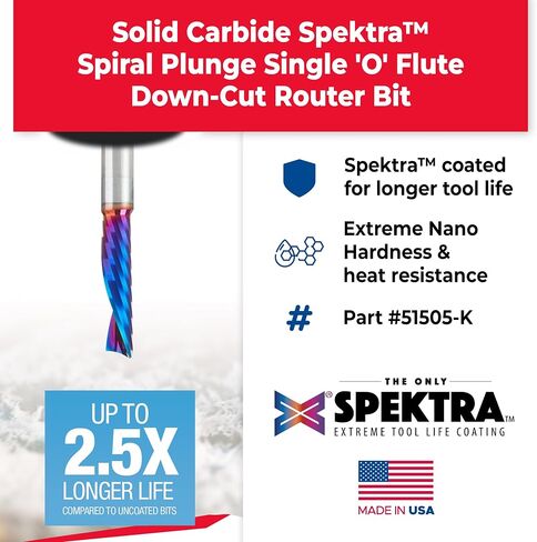 Amana Tool Spektra Coated Solid Carbide CNC Spiral Single O-Flute Router Bit for Plastic Down-Cut, 51505-K, 1/4 D x 1 CH x 1/4 SHK x 2-1/2 Inch L in Kuwait