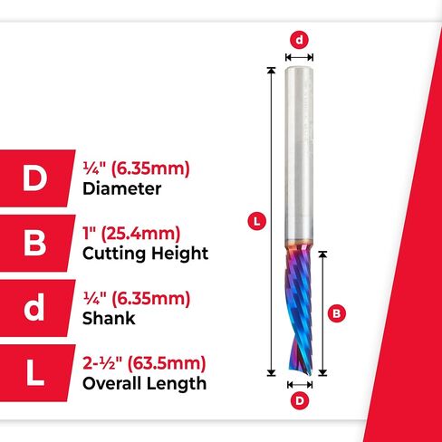 Amana Tool Spektra Coated Solid Carbide CNC Spiral Single O-Flute Router Bit for Plastic Down-Cut, 51505-K, 1/4 D x 1 CH x 1/4 SHK x 2-1/2 Inch L in Kuwait
