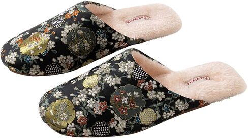 Women's Embroidered Satin Slippers Oriental Floral Brocade House Shoes Warm Plush Lined Slip On Indoor Mules in Kuwait