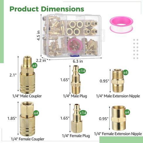 45 PCS Air Coupler & Plug Kit, 1/4 in NPT Quick Connect Air Fittings Set, Industrial M Style Couplers Plugs, Copper Plated Iron with Brass Hex, 300 PSI, Air Compressor Accessories in Kuwait