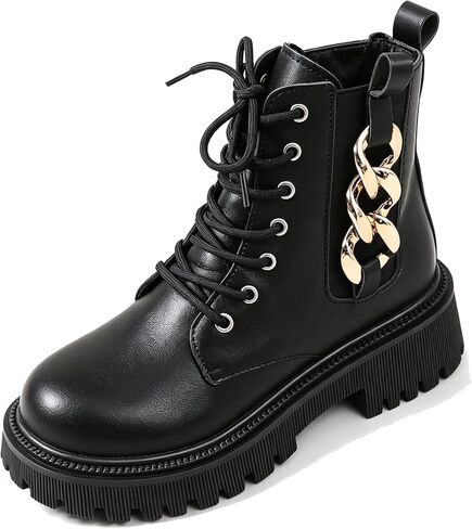 Women'S Chain Combat Boots Lace Up Chunky Lug Sole Moto Ankle Booties | Faux Leather Side Zip Short Boots For Women With Gold Chain Detail Round Toe,Pull Tab And Chunky Lug Sole For Punk Street in Kuwait