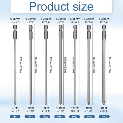 7Pcs Long Phillip Cross Screwdriver Bit Sets - 6 Inch Length | Steel Alloy Cross Phillip Head Drill Bits PH1(3mm) PH1(4mm) PH1 (4.5mm) PH2(4mm) PH2(4.5mm) PH2(5mm) PH2(6mm) in Kuwait