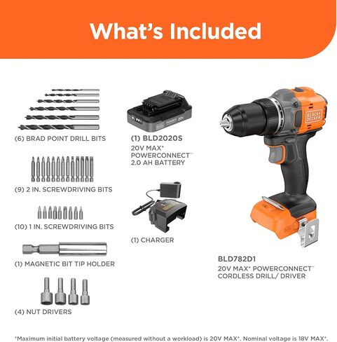 BLACK+DECKER 20V MAX Cordless Brushless ½-in. Drill Driver, 30 Pc. Drill Bit Set and Screwdriver Bit Set, 2Ah Battery and Charger Included, PowerConnect Electric Drill Cordless (BLD782PK30D1) in Kuwait